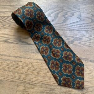 XMI Mens Necktie Teal Blue Gold Brown‎ Floral Geometric Pattern Silk Tie